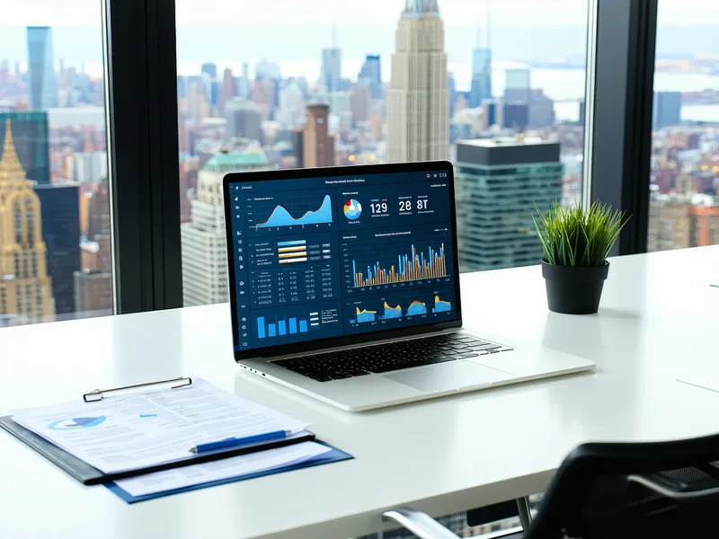Professional workspace in a New York financial district office with laptop, documents, and city view
