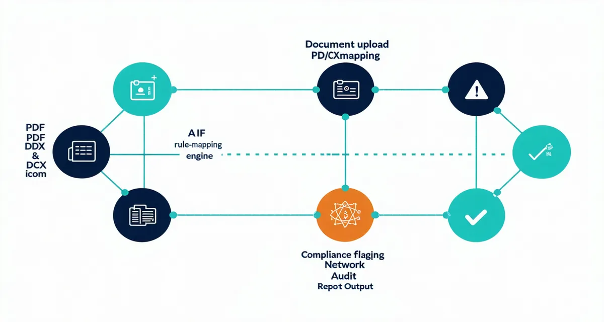 Zeplyn AI platform architecture showing document ingestion, rule-mapping engine, flagging workflow, and audit report output